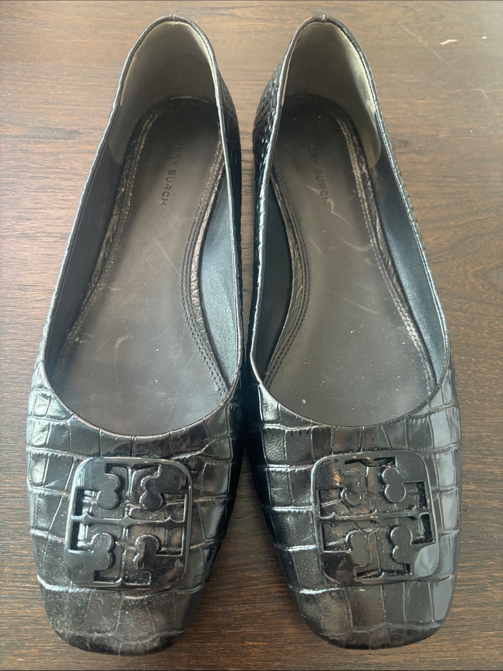 Tory Burch Black Croc-Embossed Logo Square-Toe Flats